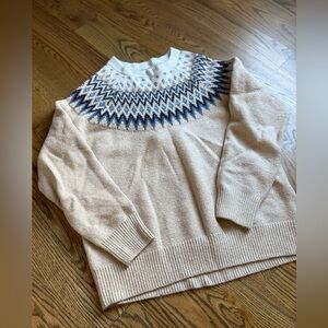 Amazon Essentials Beige and Blue Fair Isle Knit Sweater, L